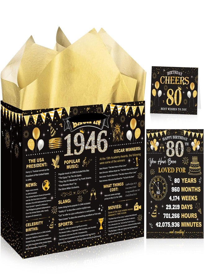 EoBeCy 80th Birthday Gift Bags for Men Women, Back in 1946 Gift Bag with Tissue Paper, Poster and Greeting Card, Black Gold Wrapping Paper for 80 Year Old Birthday Decorations - Image 1