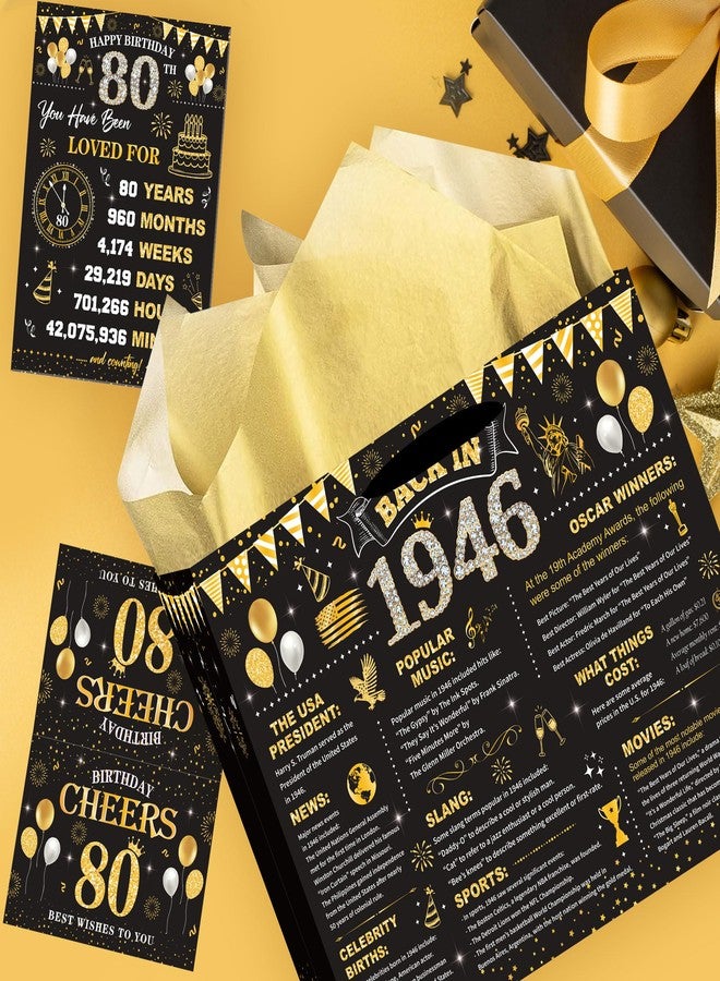 EoBeCy 80th Birthday Gift Bags for Men Women, Back in 1946 Gift Bag with Tissue Paper, Poster and Greeting Card, Black Gold Wrapping Paper for 80 Year Old Birthday Decorations - Image 5