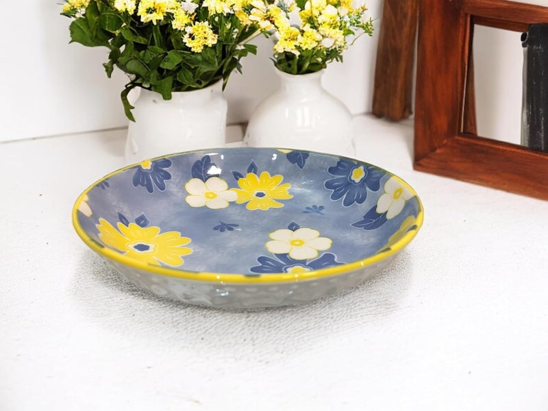 Lemon Tree Snack Serving Plate 20 cm Round Ceramic Deep Salad, Pasta Plate | Dinner Plates for Kitchen Microwave, Dishwasher & Oven Safe (Blue) - Image 1