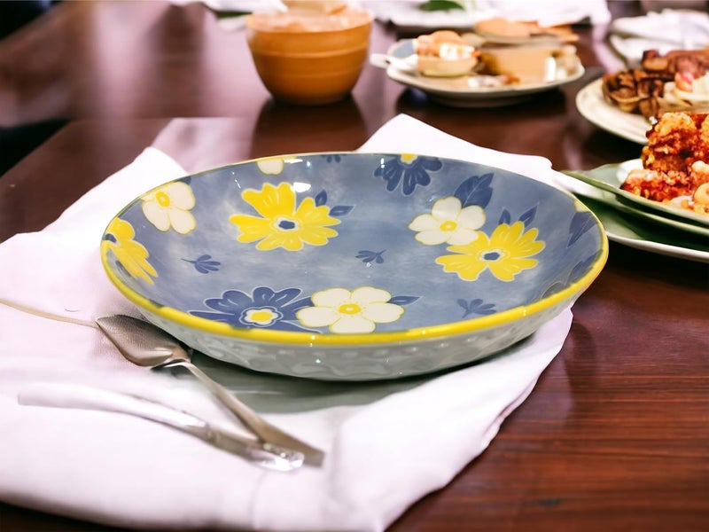 Lemon Tree Snack Serving Plate 20 cm Round Ceramic Deep Salad, Pasta Plate | Dinner Plates for Kitchen Microwave, Dishwasher & Oven Safe (Blue) - Image 2