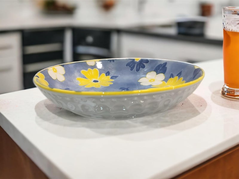 Lemon Tree Snack Serving Plate 20 cm Round Ceramic Deep Salad, Pasta Plate | Dinner Plates for Kitchen Microwave, Dishwasher & Oven Safe (Blue) - Image 3