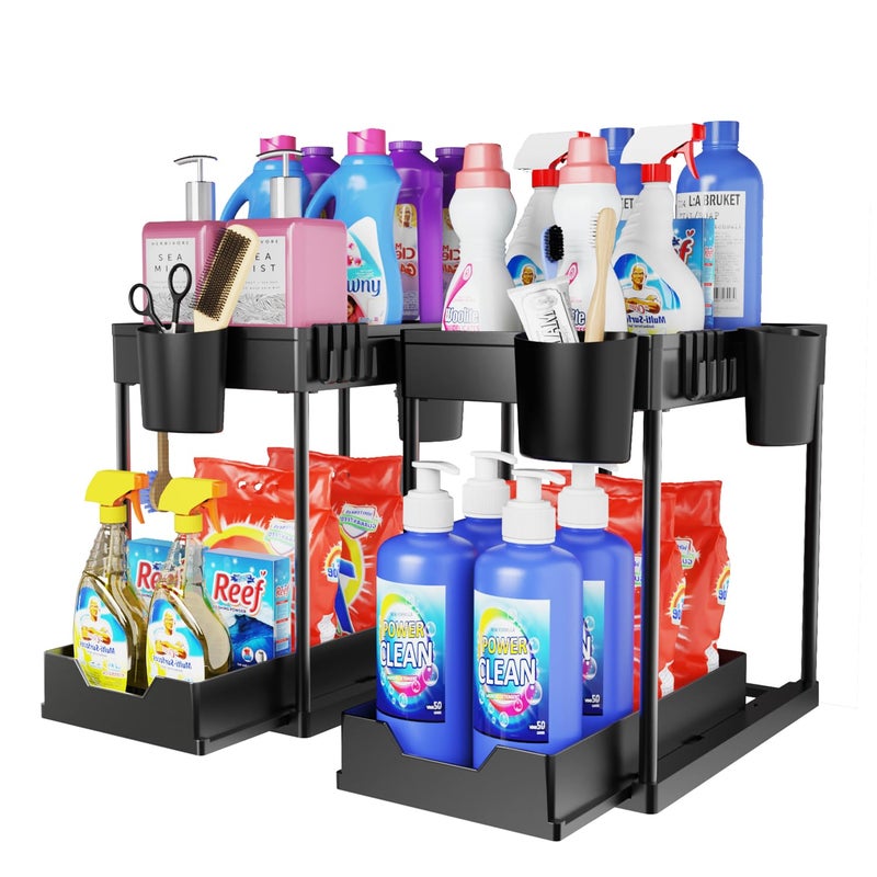 DILEASIR 2 Pack Under Sink Organizers and Storage Bathroom 2 Tier Under Sliding Kicthen Cabinet Basket Organizer with Hooks Hanging Cup Dividers Handles Multipurpose Under Sink Shelf Organizer Black  - Image 1