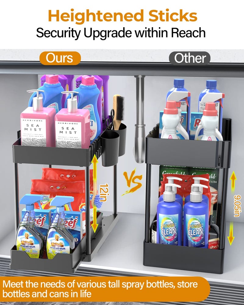 DILEASIR 2 Pack Under Sink Organizers and Storage Bathroom 2 Tier Under Sliding Kicthen Cabinet Basket Organizer with Hooks Hanging Cup Dividers Handles Multipurpose Under Sink Shelf Organizer Black  - Image 3