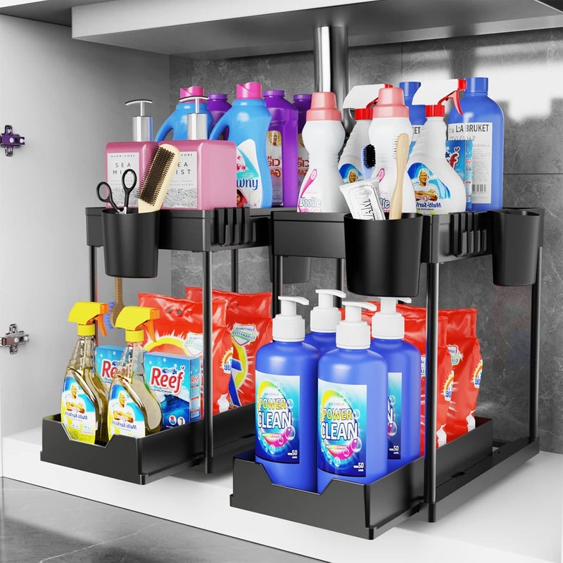 DILEASIR 2 Pack Under Sink Organizers and Storage Bathroom 2 Tier Under Sliding Kicthen Cabinet Basket Organizer with Hooks Hanging Cup Dividers Handles Multipurpose Under Sink Shelf Organizer Black  - Image 2