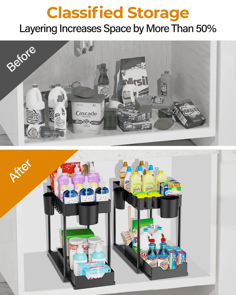 DILEASIR 2 Pack Under Sink Organizers and Storage Bathroom 2 Tier Under Sliding Kicthen Cabinet Basket Organizer with Hooks Hanging Cup Dividers Handles Multipurpose Under Sink Shelf Organizer Black  - Image 4
