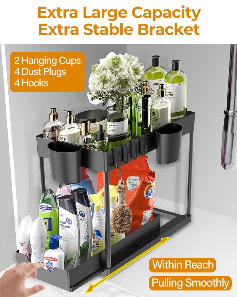 DILEASIR 2 Pack Under Sink Organizers and Storage Bathroom 2 Tier Under Sliding Kicthen Cabinet Basket Organizer with Hooks Hanging Cup Dividers Handles Multipurpose Under Sink Shelf Organizer Black  - Image 5