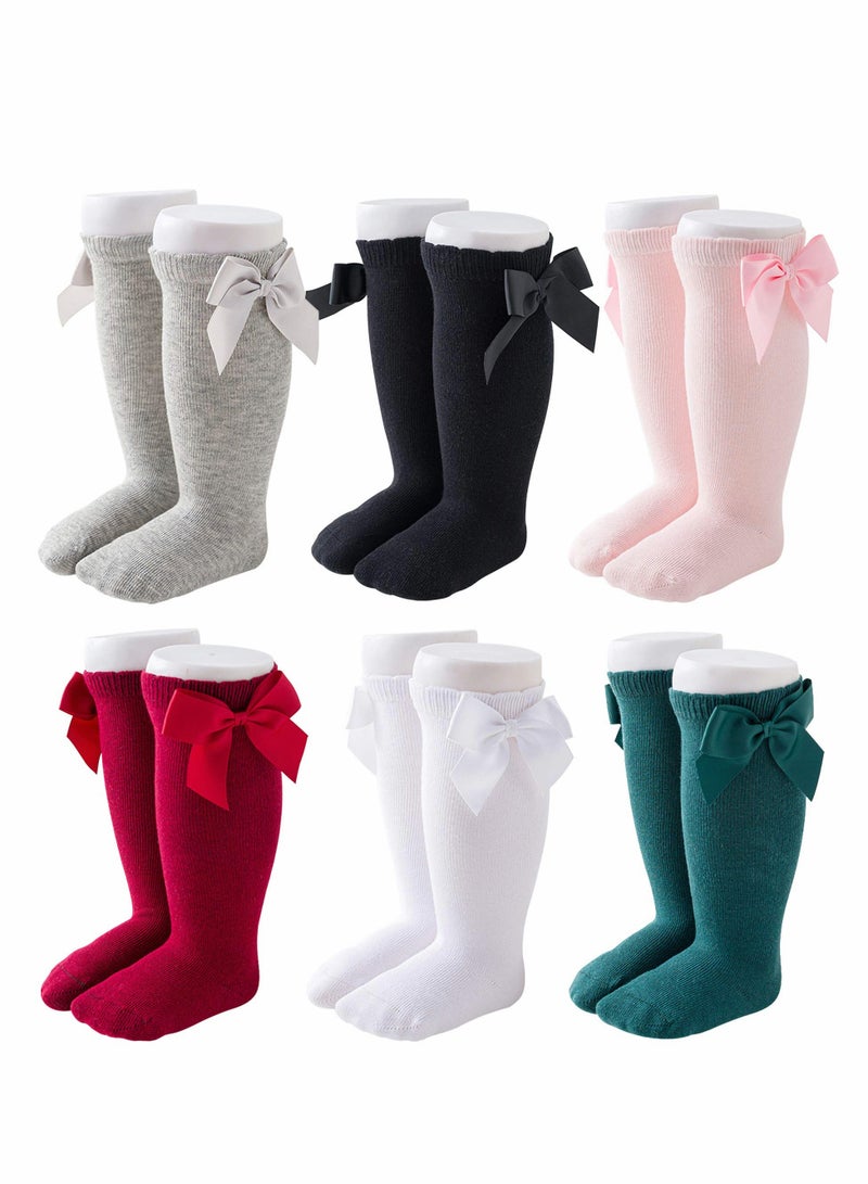 Excefore Baby Girls Knee High Socks 6 Pack Bow Long Stockings Infants Toddlers Ruffled School Uniform Leggings(18-36 Months)  - Image 1