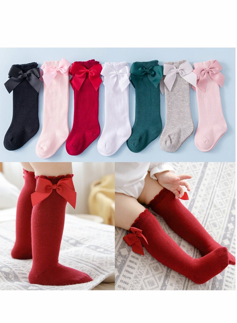 Excefore Baby Girls Knee High Socks 6 Pack Bow Long Stockings Infants Toddlers Ruffled School Uniform Leggings(18-36 Months)  - Image 2