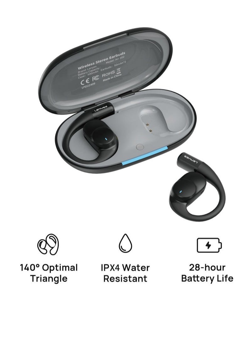 Lenyes - LENYES AIR202 Open Ear Air Conduction Headphones, Bluetooth 5.3 Wireless Earphones with Ear Hooks, IPX4 Immersive Stereo Sound Waterproof Headset for Workout/Gym/Running and More Black - Image 1