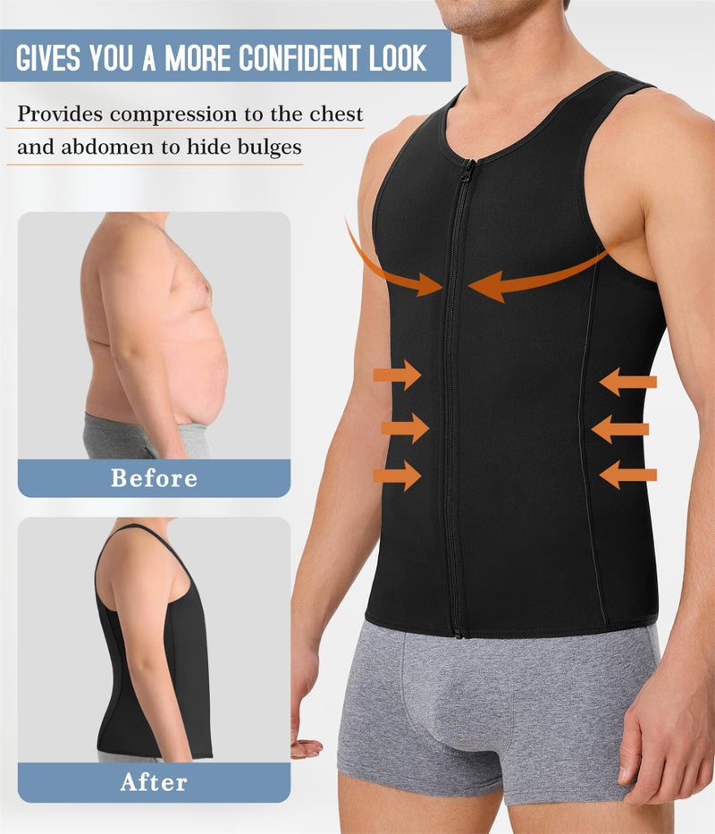 TAILONG Tummy Trimmer Body Shaper Tight Tank Top Under Shirt Chest Pull Girdle Vest Men Moobs Binder (L, Black) - Image 2