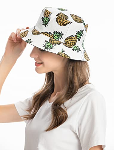 ZLYC Unisex Cute Print Bucket Hat Summer Travel Fisherman Cap for Women Men Teens (Pineapple White) - Image 2
