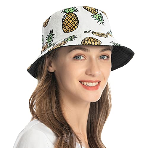 ZLYC Unisex Cute Print Bucket Hat Summer Travel Fisherman Cap for Women Men Teens (Pineapple White) - Image 3