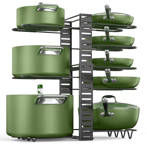 MUDEELA Pots and Pans Organizer Rack under Cabinet 8-Tiers Adjustable Pot Rack with 3 DIY Methods, Expandable 11.65'' to 19" Pot Lid Organizer for Kitchen Pantry Cabinet Organization and Storage - Image 1