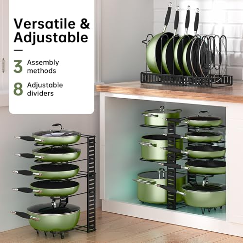 MUDEELA Pots and Pans Organizer Rack under Cabinet 8-Tiers Adjustable Pot Rack with 3 DIY Methods, Expandable 11.65'' to 19" Pot Lid Organizer for Kitchen Pantry Cabinet Organization and Storage - Image 2