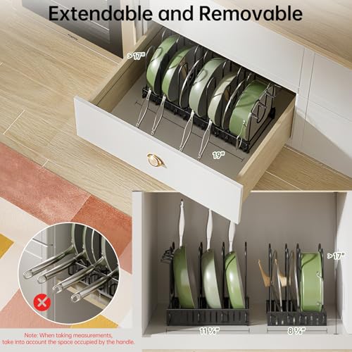 MUDEELA Pots and Pans Organizer Rack under Cabinet 8-Tiers Adjustable Pot Rack with 3 DIY Methods, Expandable 11.65'' to 19" Pot Lid Organizer for Kitchen Pantry Cabinet Organization and Storage - Image 5