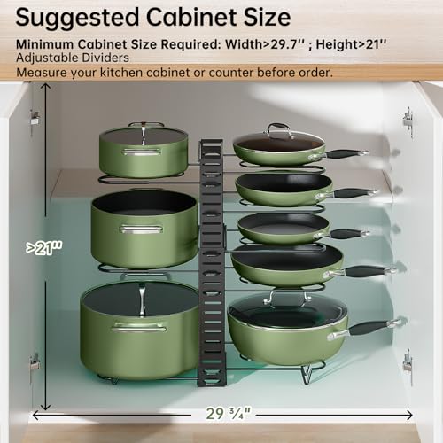 MUDEELA Pots and Pans Organizer Rack under Cabinet 8-Tiers Adjustable Pot Rack with 3 DIY Methods, Expandable 11.65'' to 19" Pot Lid Organizer for Kitchen Pantry Cabinet Organization and Storage - Image 4