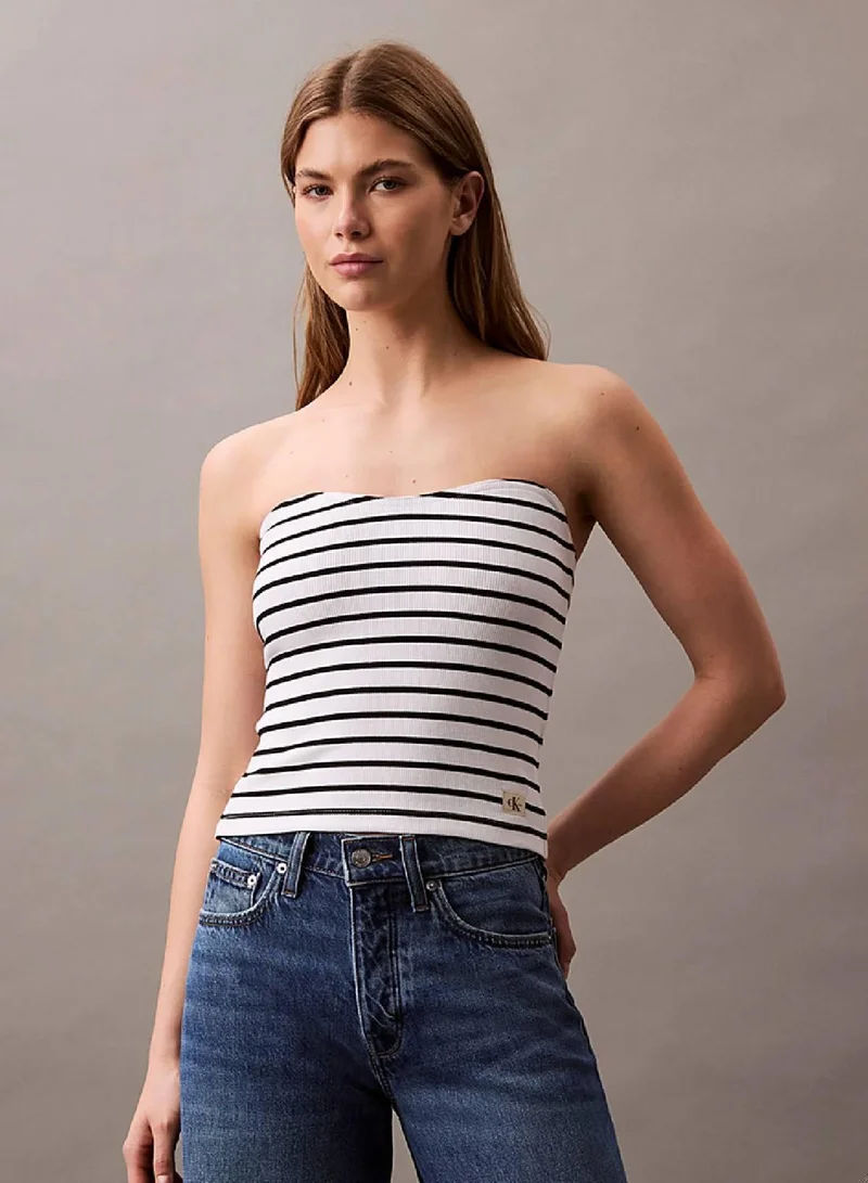 Calvin Klein Jeans Brilliant White / Ck Black Stripe Ribbed Cotton Strapless Top for Women | Best Price UAE