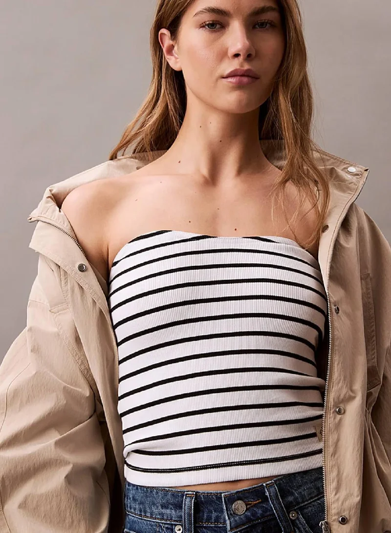 Calvin Klein Jeans Brilliant White / Ck Black Stripe Ribbed Cotton Strapless Top for Women | Best Price UAE