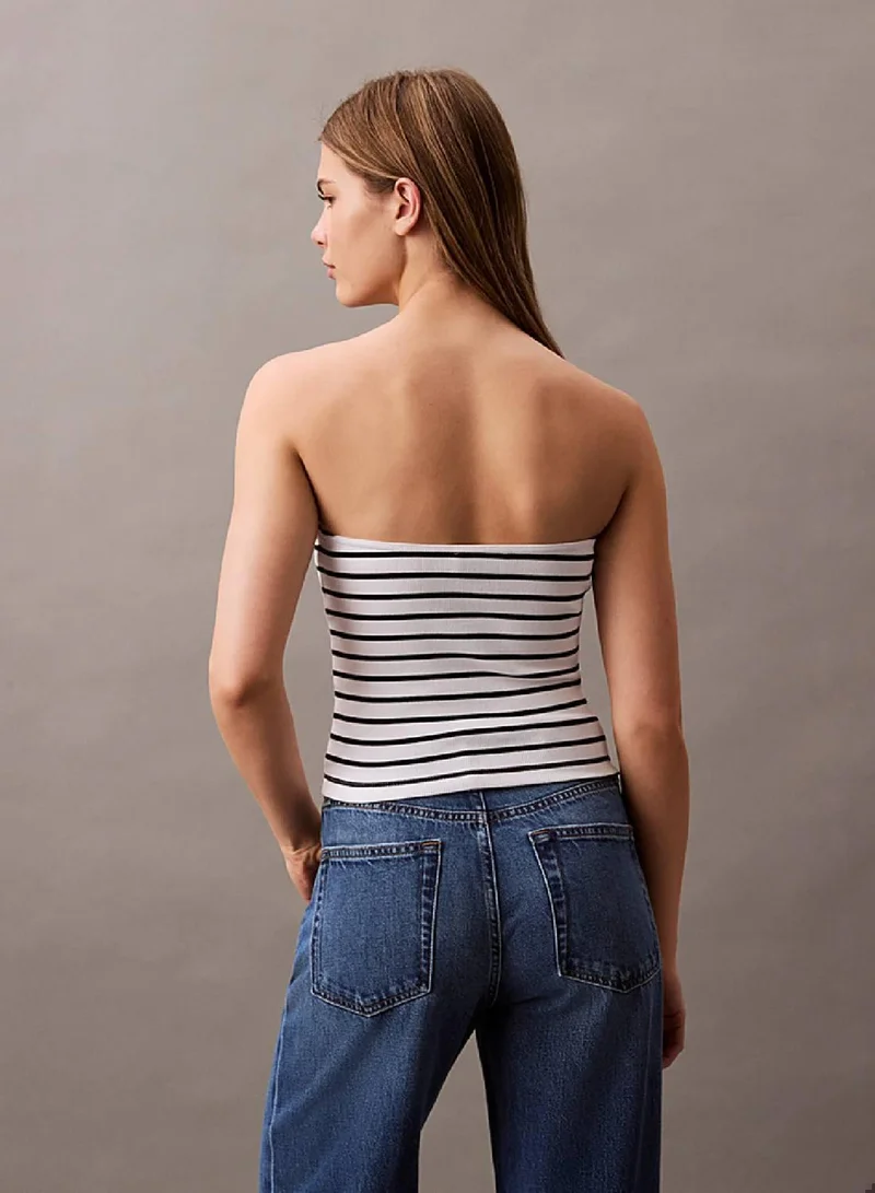 Calvin Klein Jeans Brilliant White / Ck Black Stripe Ribbed Cotton Strapless Top for Women | Best Price UAE