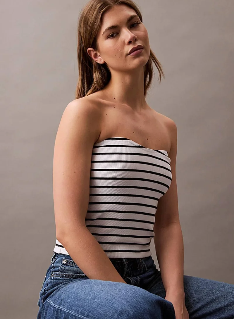 Calvin Klein Jeans Brilliant White / Ck Black Stripe Ribbed Cotton Strapless Top for Women | Best Price UAE