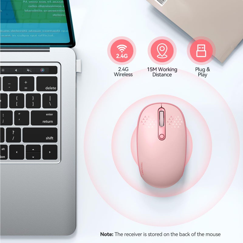 TECKNET Wireless Mouse, 2.4G Quiet Computer Mouse with USB Receiver, 4 Buttons Portable Cordless Mice for Chromebook, Laptop, PC, Mac, 800/1200/1600 DPI - Pink - Image 2