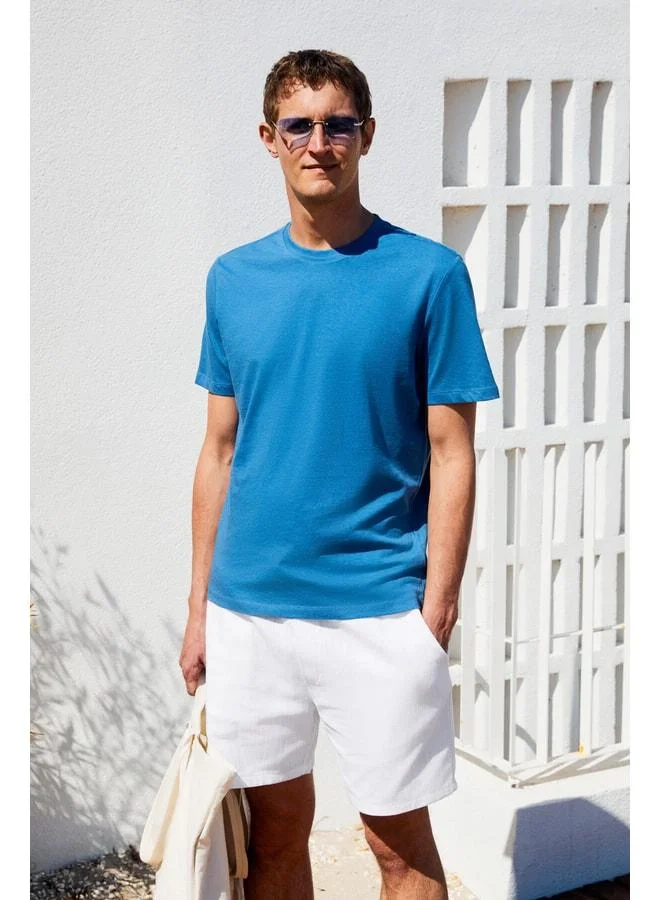 Grimelange Moccasin Men's 100% Cotton Relaxed Fit Round Neck Short Sleeve Blue T-shirt.