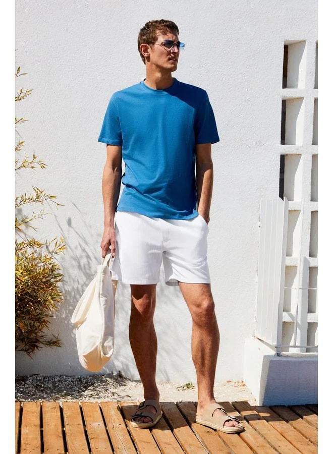 Grimelange Moccasin Men's 100% Cotton Relaxed Fit Round Neck Short Sleeve Blue T-shirt.