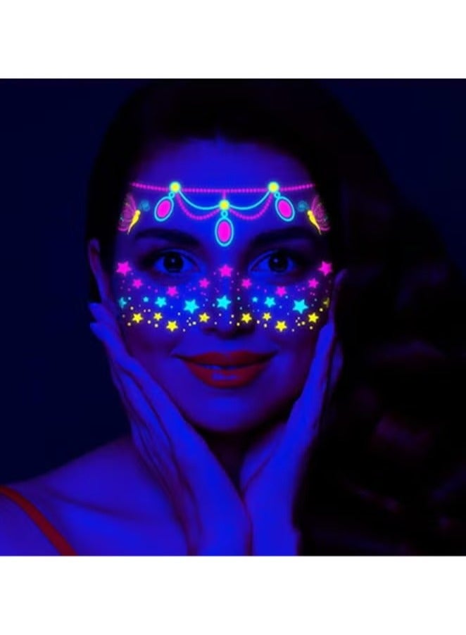8-Piece Luminous Face Tattoo Stickers Body Glow in the Dark Fluorescent Face Rhinestone Temporary UV Neon Mask - Image 5