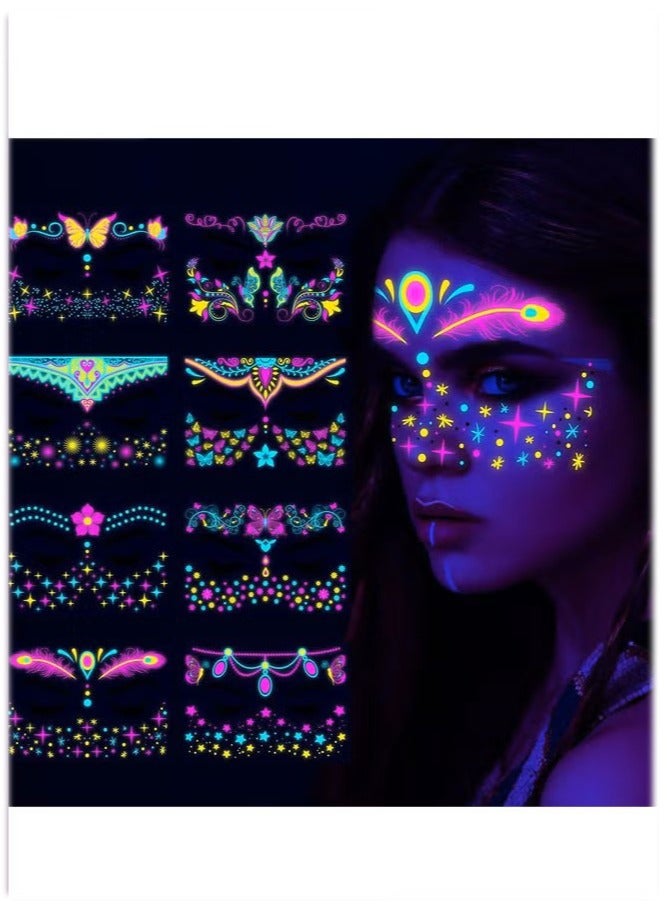 8-Piece Luminous Face Tattoo Stickers Body Glow in the Dark Fluorescent Face Rhinestone Temporary UV Neon Mask - Image 1