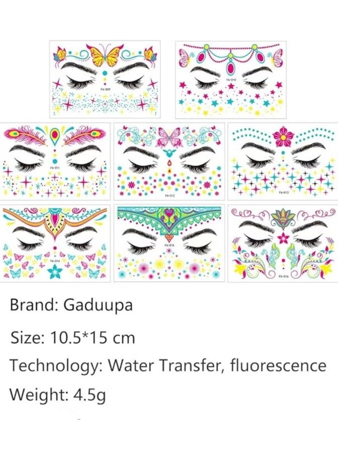 8-Piece Luminous Face Tattoo Stickers Body Glow in the Dark Fluorescent Face Rhinestone Temporary UV Neon Mask - Image 3