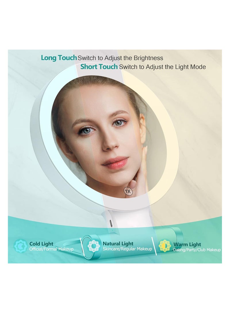 SYOSI مرآة تجميل محمولة قابلة لإعادة الشحن للسفر، مرآة مكبرة مع إضاءة، مرآة تجميل مضاءة مزدوجة الجوانب 10X/1X، مع 3 ألوان إضاءة، شاشة لمس قابلة للتعتيم، مرآة تجميل - Image 2