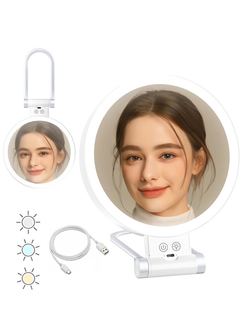 SYOSI مرآة تجميل محمولة قابلة لإعادة الشحن للسفر، مرآة مكبرة مع إضاءة، مرآة تجميل مضاءة مزدوجة الجوانب 10X/1X، مع 3 ألوان إضاءة، شاشة لمس قابلة للتعتيم، مرآة تجميل - Image 1