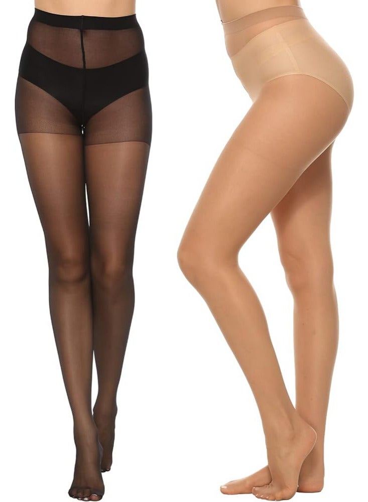 Glamroot Women's/Girl's High Waist Sheer Pantyhose Stockings Tights, Black/Beige (Pack Of 2)  - Image 1