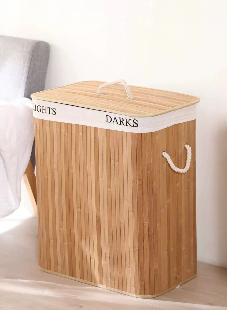 Laundry Basket with Lid, Bamboo Laundry Hamper with Removable Liner Bag, Dual Compartment Foldable Laundry Basket with Handles for Laundry Room, Bedroom and Clothes Storage