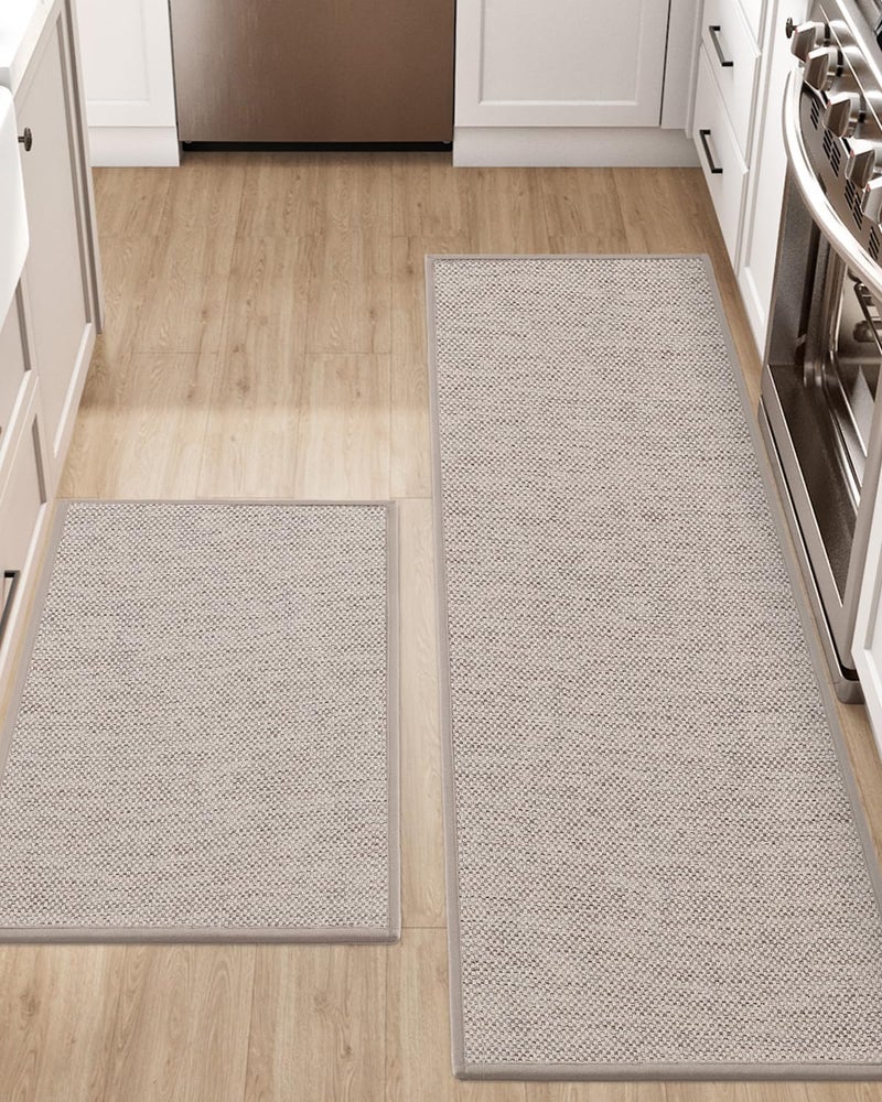 DEXI 2 Pcs Kitchen Mats and Rugs for Floor, 44x75 + 44x150 cm, Non Slip Washable Absorbent Thin Woven Runner Rug for Front of Sink, Laundry Room, Hallway, Khaki - Image 1