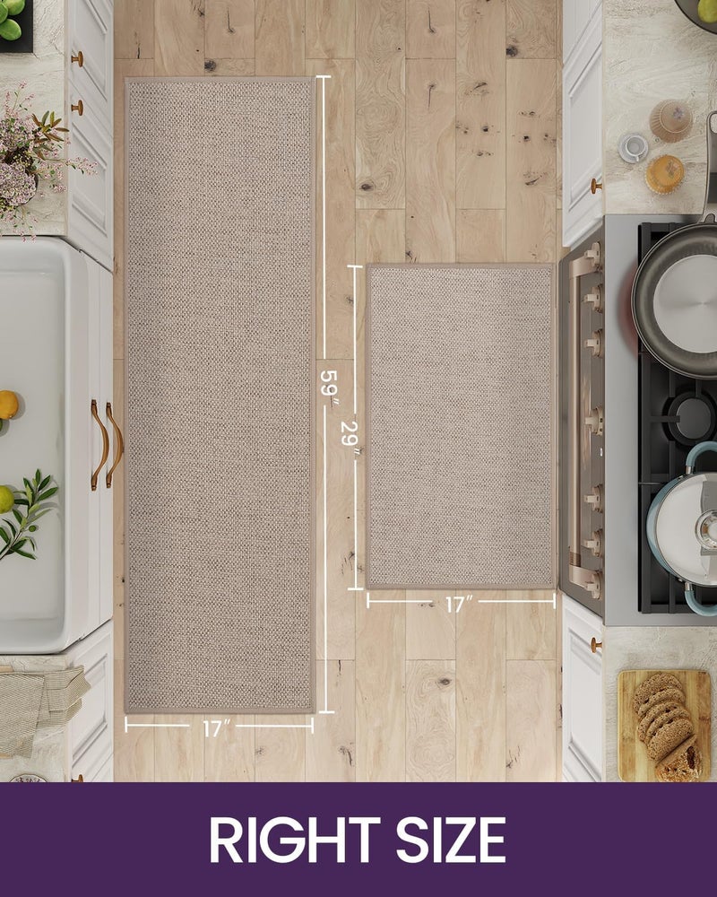 DEXI 2 Pcs Kitchen Mats and Rugs for Floor, 44x75 + 44x150 cm, Non Slip Washable Absorbent Thin Woven Runner Rug for Front of Sink, Laundry Room, Hallway, Khaki - Image 2