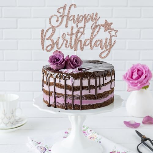 LeeSky Rose Gold Happy Birthday Cake Topper, 1pc, 4" x 0.3" Glittery Paper, Perfect for Birthday Parties - Image 2