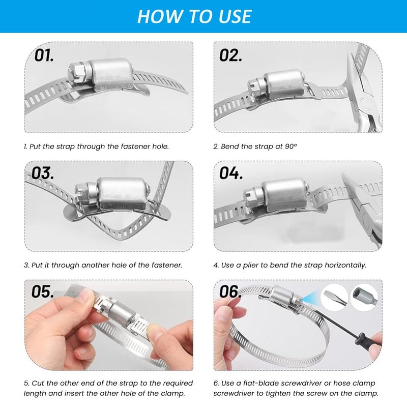 Serplex ® 26.6ft Cuttable Hose Clamp Roll with 16 Bolt Attachments, 304 Stainless Stee Adjustable House Clamp Assortment Kit Worm Gear Band Hose Clips Screw Clips Duct Pipe Metal Strapping - Image 3