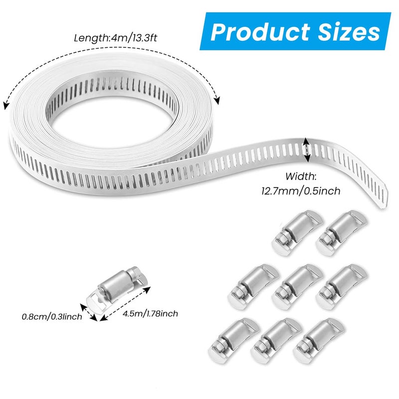 Serplex ® 26.6ft Cuttable Hose Clamp Roll with 16 Bolt Attachments, 304 Stainless Stee Adjustable House Clamp Assortment Kit Worm Gear Band Hose Clips Screw Clips Duct Pipe Metal Strapping - Image 2