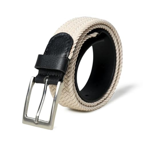 MaheTri Braided Canvas Stretchable Leather Belt, Premium Woven fabric Adjustable & Hole Free Belt for Men & Women (Black, Brown, Cream Black, Cream Brown) (Cream Black, 34"-36" Waist Adjustable) - Image 1