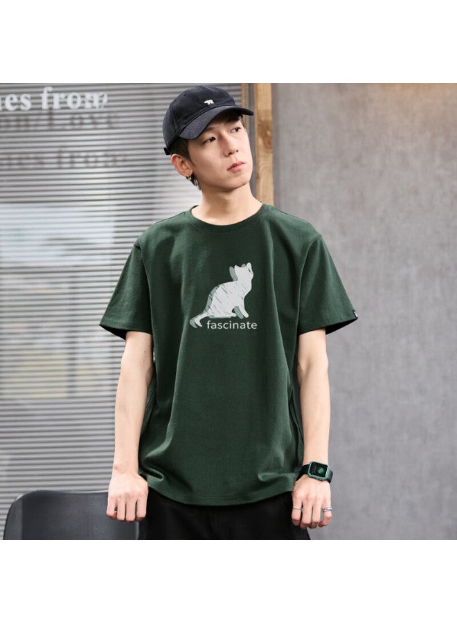 Tonlion Short-sleeve T-shirt For Men, Front Chest Print Of Kitten, Casual Style, Dark Green, Size L - Image 1