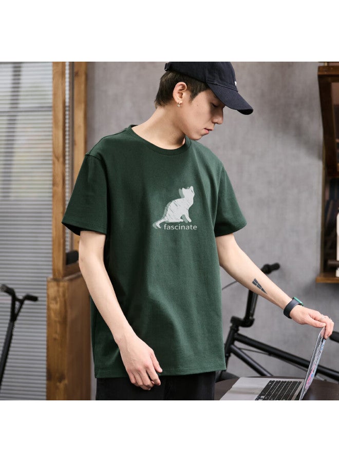 Tonlion Short-sleeve T-shirt For Men, Front Chest Print Of Kitten, Casual Style, Dark Green, Size L - Image 3