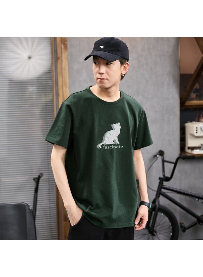 Tonlion Short-sleeve T-shirt For Men, Front Chest Print Of Kitten, Casual Style, Dark Green, Size L - Image 2