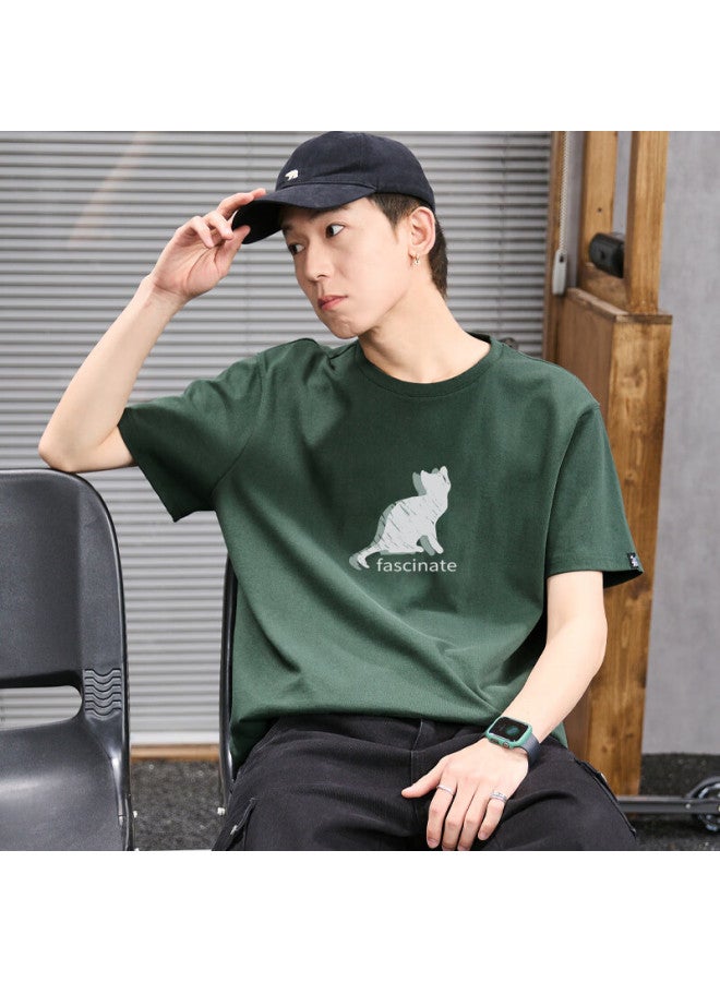 Tonlion Short-sleeve T-shirt For Men, Front Chest Print Of Kitten, Casual Style, Dark Green, Size L - Image 4