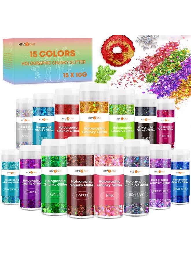 HTVRONT Holographic Chunky Glitter For Crafts 15 Colors Holographic Glitter For Resin Each 10G Craft Glitter Set Chunky Glitter For Nails Face Tumblers Body Hair Painting Epoxy Art Glitter - Image 1