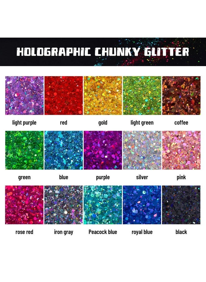 HTVRONT Holographic Chunky Glitter For Crafts 15 Colors Holographic Glitter For Resin Each 10G Craft Glitter Set Chunky Glitter For Nails Face Tumblers Body Hair Painting Epoxy Art Glitter - Image 2