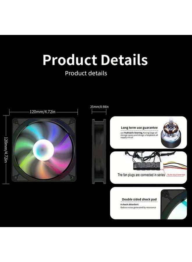 مروحة تبريد صامتة LED RGB سوداء مقاس 4.72 بوصة لصندوق الكمبيوتر مع تعزيز تبديد الحرارة وريش محملة بشاحن توربيني وإضاءة متعددة الألوان - Image 2