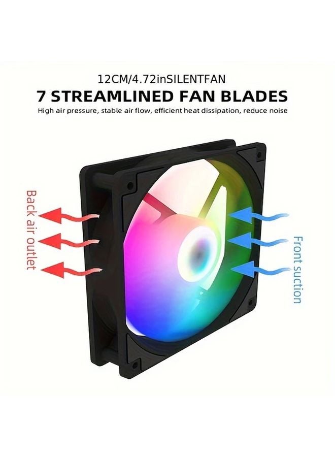 مروحة تبريد صامتة LED RGB سوداء مقاس 4.72 بوصة لصندوق الكمبيوتر مع تعزيز تبديد الحرارة وريش محملة بشاحن توربيني وإضاءة متعددة الألوان - Image 4