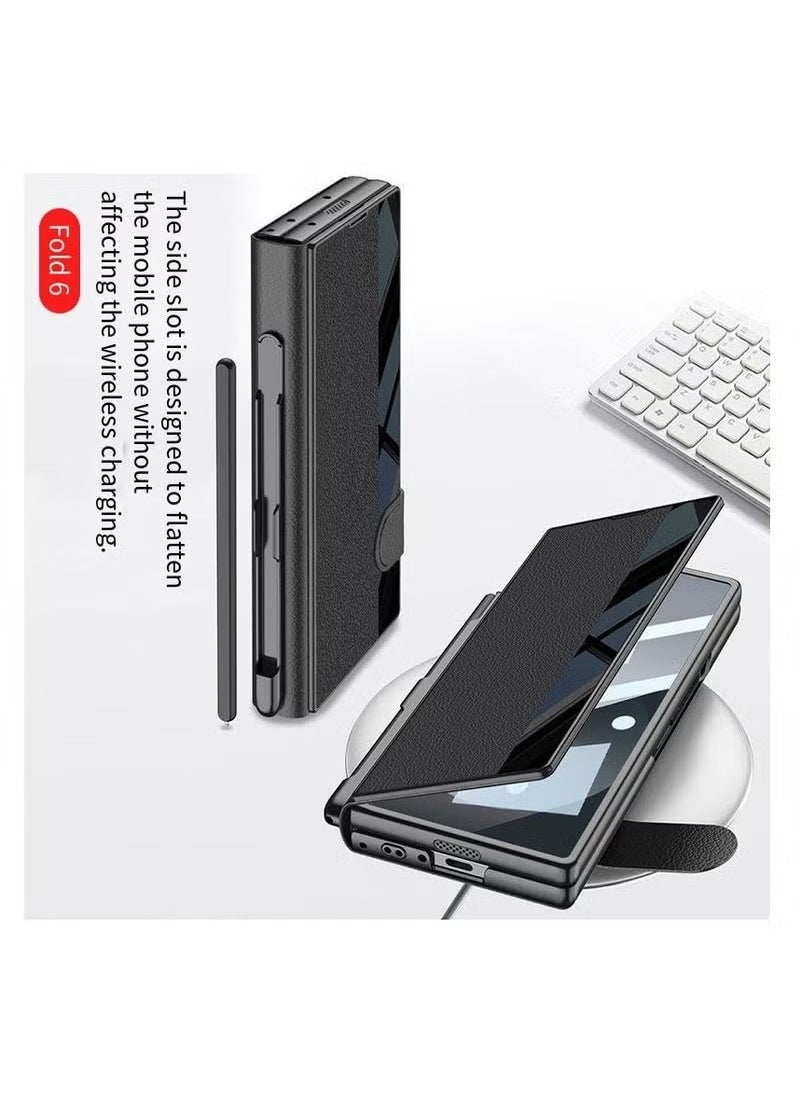 جي كي كي - جراب لهاتف Samsung Galaxy Z Fold 6 مع حامل قلم وحامل جيب فاخر قابل للطي من الزجاج المقاوم للصدمات مطلي بالكهرباء جراب قابل للطي كامل من الجلد الهجين لهاتف Z Fold 6 [لا يتضمن القلم] - Image 1
