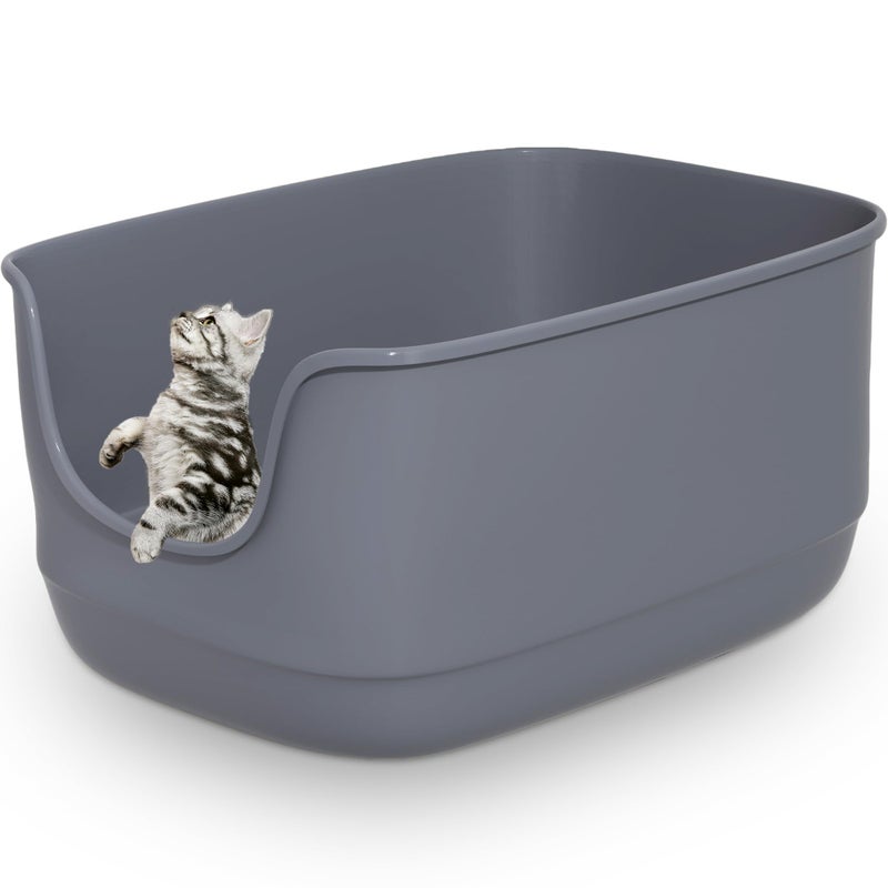 Gefryco Large Cat Litter Box with High Sided 246x183x122 Jumbo Extra Large Open Anti Splashing High Wall for Multiple Cats Grey